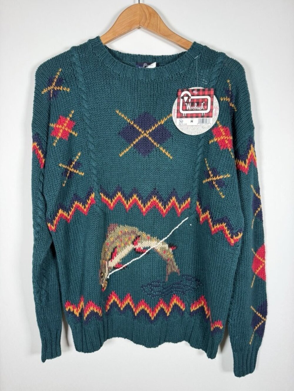 NEW Vintage 90s Woolrich Handknit Intarsia green argyle FISH chunky sweater M